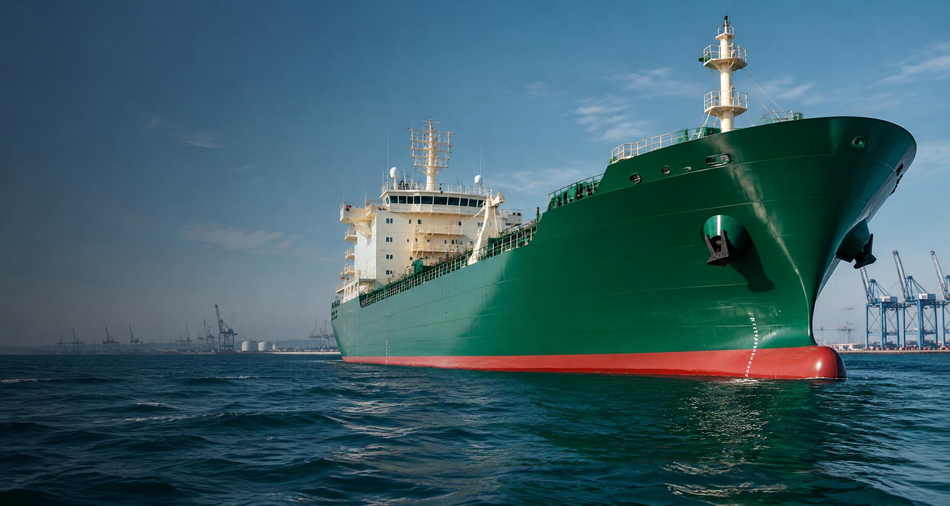 Green protective coating on a cargo ship in a port